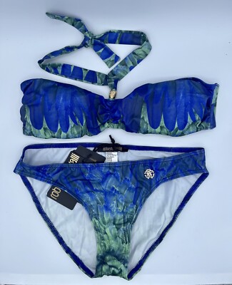 roberto cavalli 2 piece swimsuit peacock colors with hardware on top and bottom