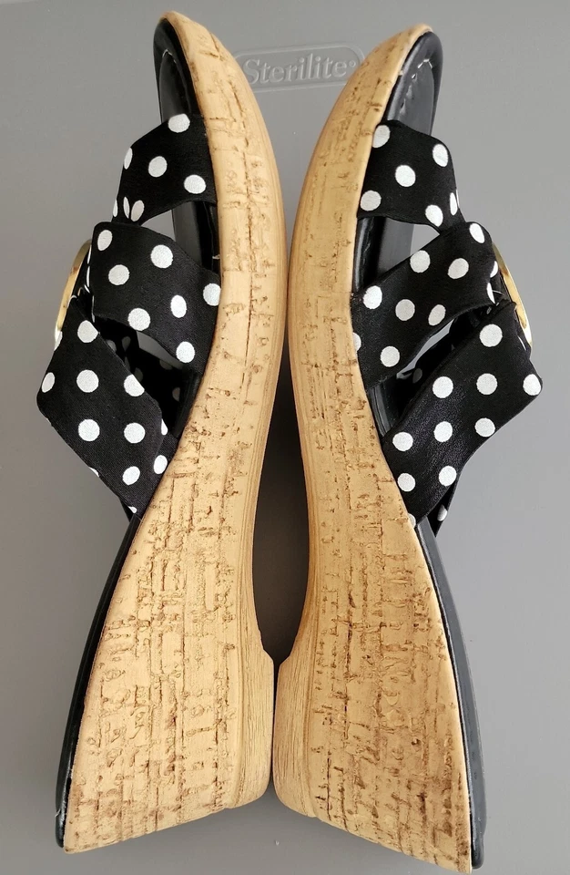 Sandalias de cuña Toscana Easy Street con tiras negras blancas a lunares corcho Italia 9,5 Foto 4 de 4