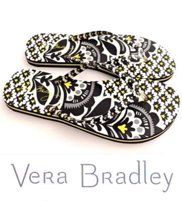 Vera Bradley Flip Flops Sandals FanFare Pattern Black White Yellow Women L 9/10