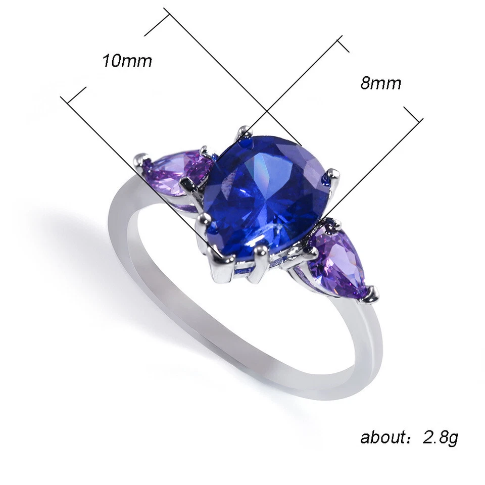 Anillo de oro blanco con banda de circonita cúbica púrpura zafiro azul corte pera talla 6-10 Foto 2 de 4