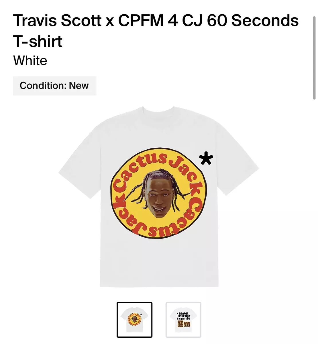 Travis Scott Cactus Jack x Mcdonald's x CPFM 4 CJ 60 Seconds T-shirt White Large