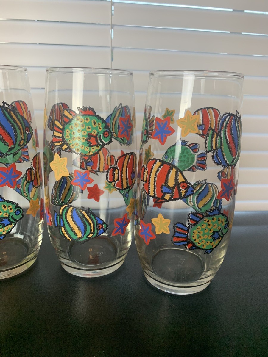 Vintage Kinney Tea Glasses Glass Multiple Colors Tropical Fish Set