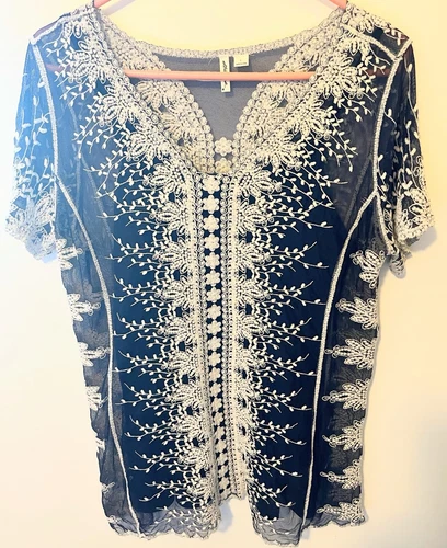 OFF WHITE Top ultra rosa maglia blu navy bianco sporco fodera pizzo taglia L misto cotone