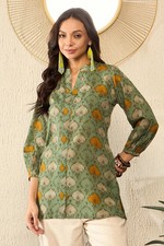 Indian Women Green Cotton Ethnic Motifs Printed Top Tunic Kurta Kurti New Dress