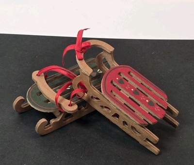Vtg Kurt Adler Sled Christmas Ornaments Wood Set Of 2 Scandinavian Look 1989