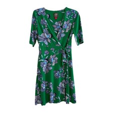 VINCE CAMUTO Size 8 Green Floral Wrap Dress Stretch Knit Short Sleeve Poly Blend