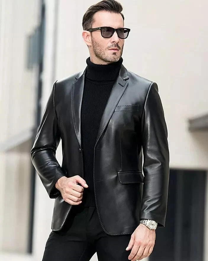 Leather Blazer Jacket Men's Coat Lambskin Soft Men Two Real Button 100% Black 56