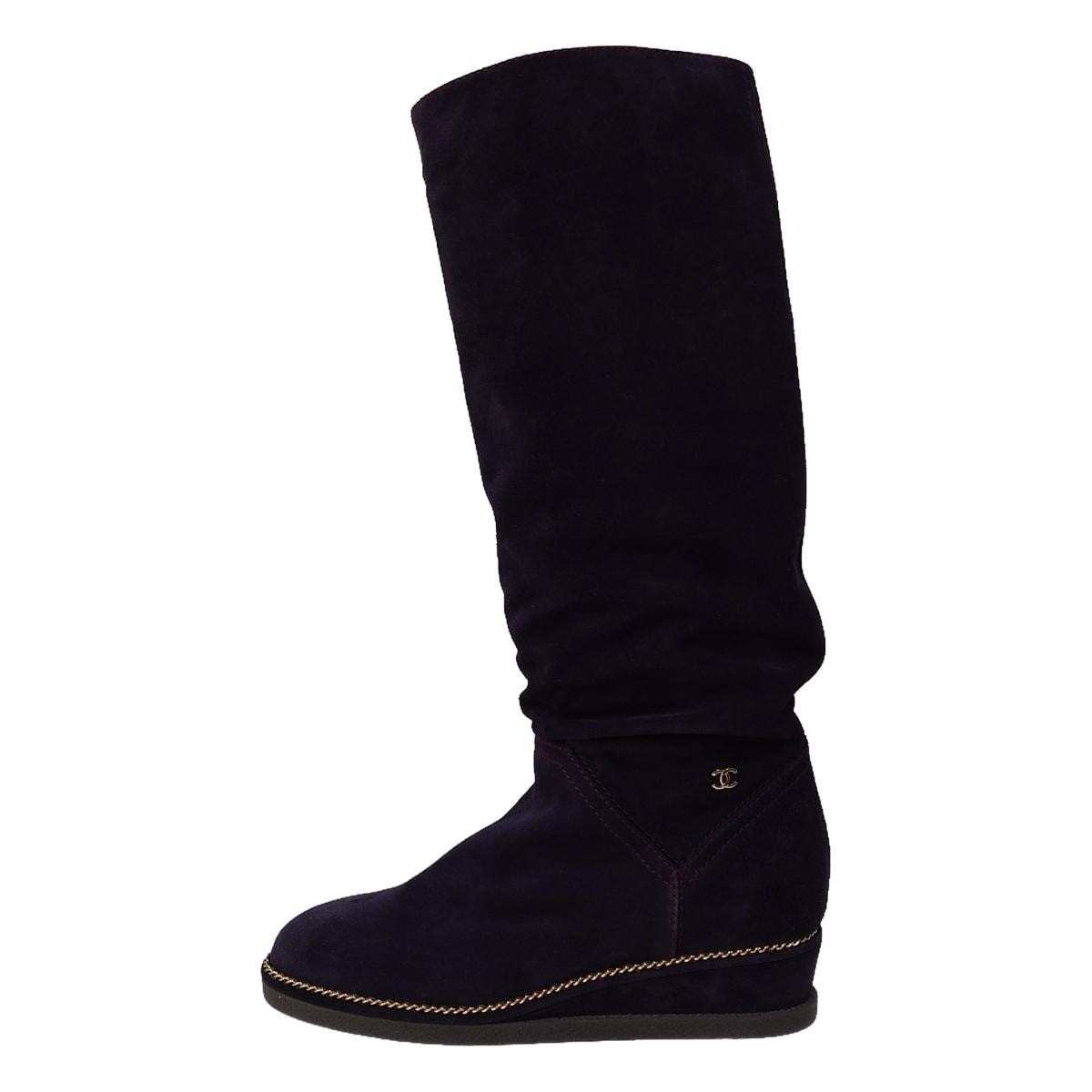 Auth CHANEL - G31295 Dark Purple Suede Women's Boots Gold Auth CHANEL - G31295 Dark Purple Suede Women's Boots Gold