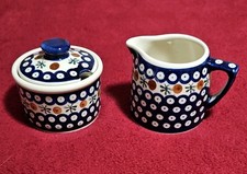 Boleslawiec Blue/White Dotted Glossy Ceramic Creamer & Sugar Set, Hand Painted