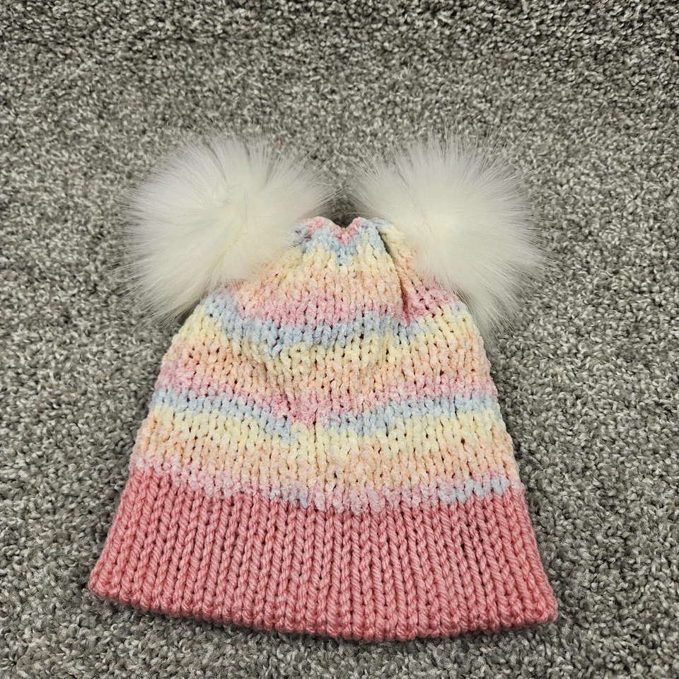 Gorro tejido hecho a mano toque tobogán 6-12 meses pastel/rosa cálido suave 2 pompones Foto 3 de 4