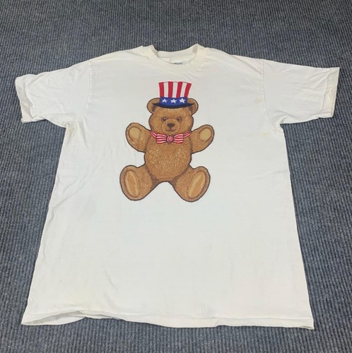 VTG Hanes Beefy T Shirt Mens XL White Single Stitch Bear USA Patriotic 90s Retro