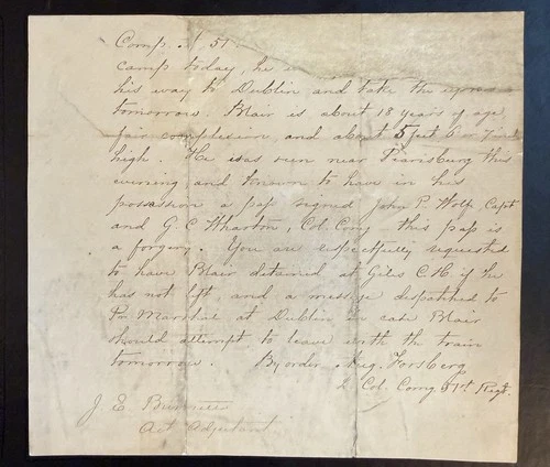 Civil War Letter Deserter/Arrest Order Isaac Blair VA 51st Infantry- Forgery
