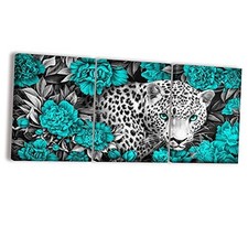 Wildlife Animal Picture Black and White Leopard in Turquoise Poenies Flowers