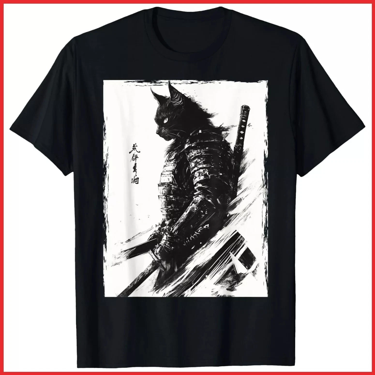 2025 Samurai Warrior Cat Vintage Japanese Art Black Cotton Tee Sizes S-5XL