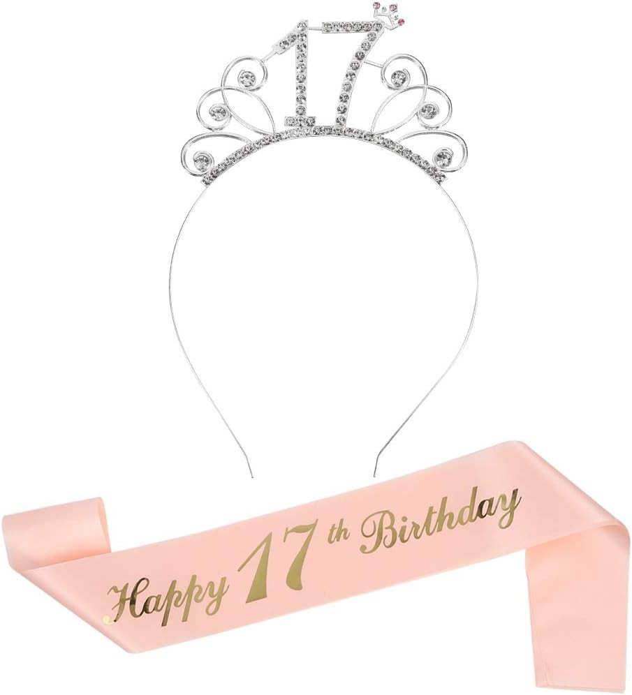 17th Rose Gold Happy Birthday Sash and Tiara Rhinestone Crown Headband for 17th