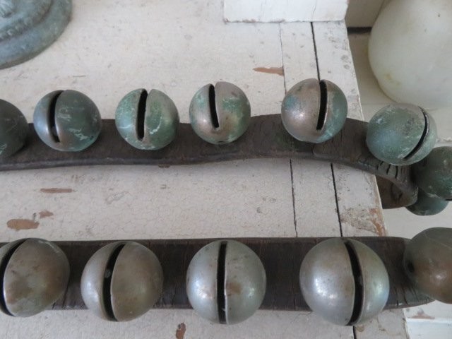 FABULOUS Old Antique Brass Horse SLEIGH BELLS on Leather Strap 49 Bells 2 Pieces