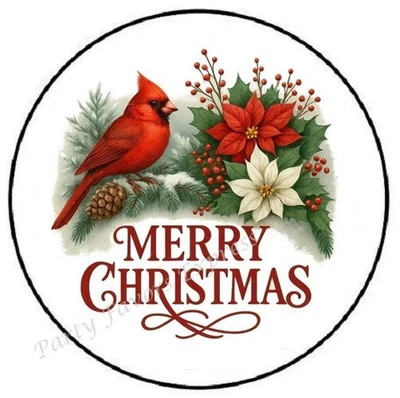PARTY FAVORS EXPRESS MERRY CHRISTMAS CARDINAL POINSETTIA ENVELOPE SEALS LABELS STICKERS PARTY FAVORS