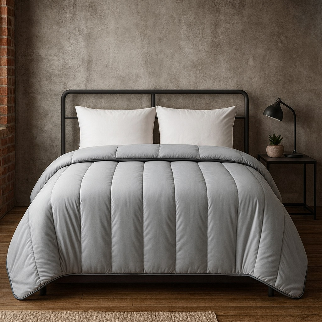 Couette tempérée gris clair 240x260 au piquage vagues de haute manufacture