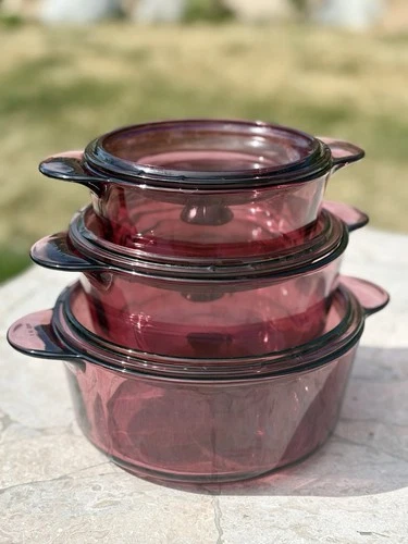 Set 3 Vintage Visions Corningware Pyrex Cranberry Glass Casserole Cookware Lids