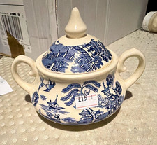 Old Willow Blue & White Willow Pattern Ironstone Lidded Sugar Bowl w/ Handles
