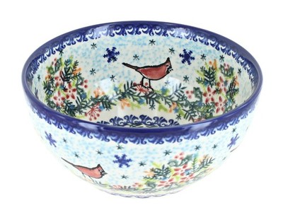 Blue Rose Polish Pottery Winter Cardinal Cereal/Soup Bowl