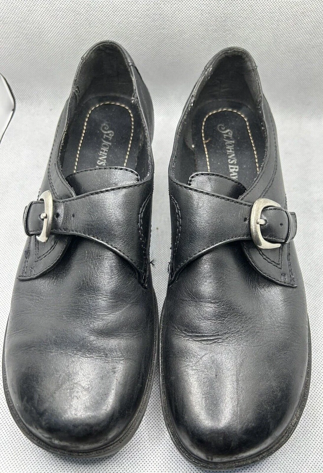 Mocasines vintage de cuero negro para mujer 8,5 plataforma tacón Chucky años 90 hebilla Y2K Foto 4 de 4