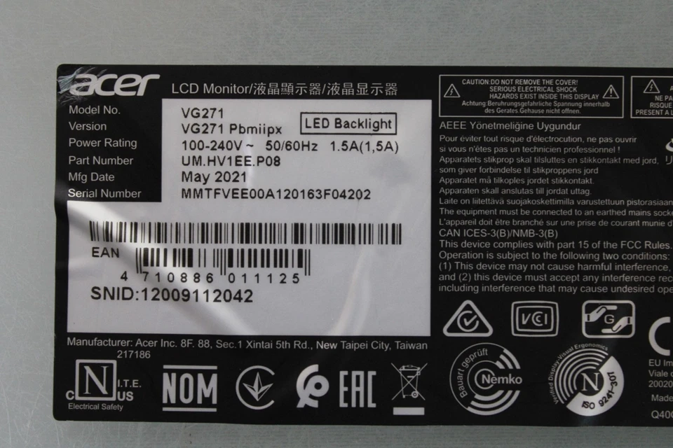 Mainboard-Acer Nitro VG271 Pbmiipx Gaming Monitor 27" 16:9 WQHD IPS Display - Bild 2 von 4