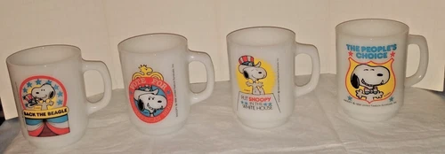 Snoopy Presidential milk glass mugs - set of 4 Anchor Hocking  - Fire King Mint