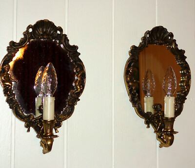 A Pair Of Rare Antique Brass Mirror Cherub Wall Lights 31cm Tall