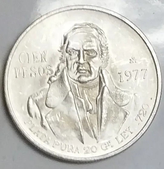 VINTAGE 1977 Cien 100 PESOS Plata Pura LEY .720 SILVER MEXICO COIN