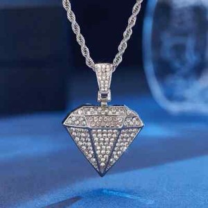 Authentic Diamond Shape Gold Plated Cubic Zirconia Pendant & 24" Rope Chain Bling Necklace