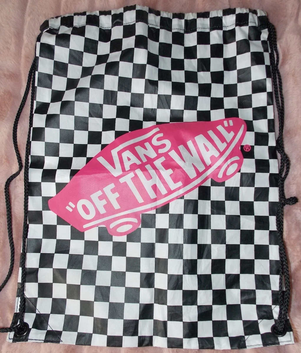 VANS Cinch Drawstring Benched Bag Backpack Black White Checkerboard Pink Logo