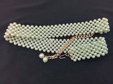 27  8" EXT VINTAGE HIPPY WAIST BELT MINT GREEN FAUX PEARL BEADED HOBO 1960S ERA
