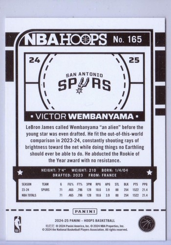 2024-25 NBA Hoops #165 Victor Wembanyama - 4 Card Lot - San Antonio Spurs - Bild 2 von 2