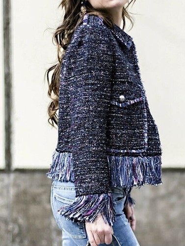 SALE £30 ~ZARA ~ BLUE TWEED FRINGED/ FRAYED JACKET~ BLOGGERS FAVOURITE~ S UK8/10 - Picture 2 of 5