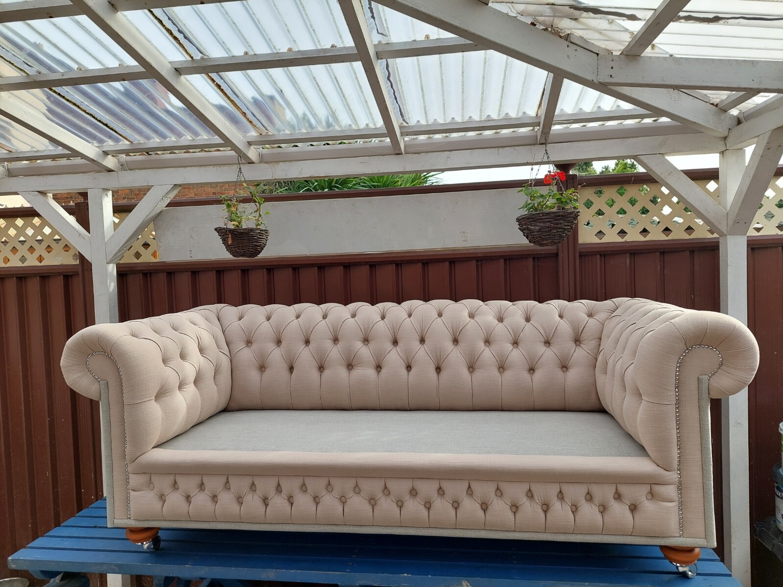 chesterfield sofa 3 seater reupholster great quality, cream color eBay
