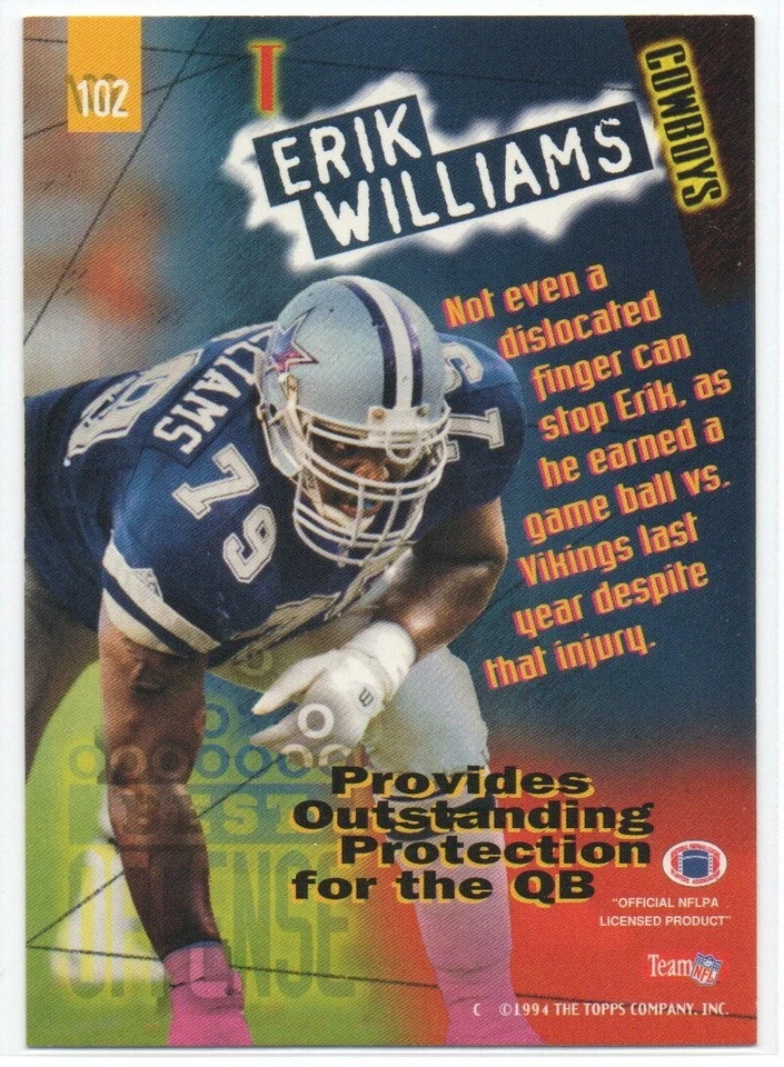Erik Williams 1994 Stadium Club First Day #102 Dallas Cowboys Daryl Johnston #3 - Image 2 of 2