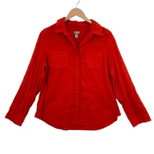 Chico's Women's Orange 100% Cotton Roll Tab Sleeve Inside Button Up Shirt Size 2