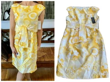 Teri Jon by Rickie Freeman Yellow Floral Silk Wool Bow Cocktail Dress NWT 4 $360