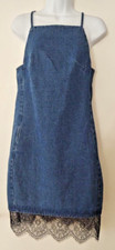 Boohoo Blue Denim Strappy Open Side Lace Trim Mini Dungaree Dress Size 4