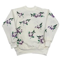 Vintage 80s Humming Bird Nature Floral Crewneck Sweatshirt Medium White USA