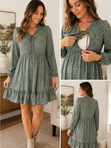 Nursing Queen Sage Green Animal Print Nursing Dress XL Long Sleeve Ruffle Hem