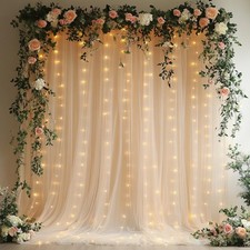 10x8ft Champagne Tulle Backdrop Curtain with String Lights Wrinkle-Free Sheer