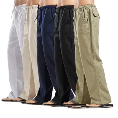 Herren Leinenhose Stoffhose Freizeit Sommer Kordelzug Lose Fitness Jogginghosen - Bild 1 von 4