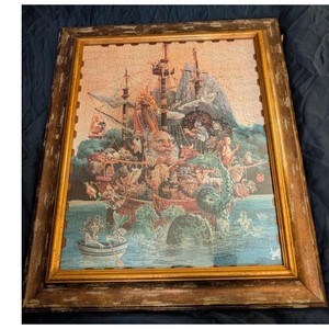 Vintage James C. Christensen's Voyage of the Basset Framed Puzzle 25" x 21" 