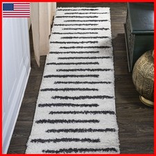 JONATHAN Y Alaro Berber Stripe Shag White/Gray Runner Rug, 2x8, Bohemian