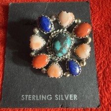 Vintage C Davis Navajo sterling silver beaded turquoise/coral pendant Brooch ￼