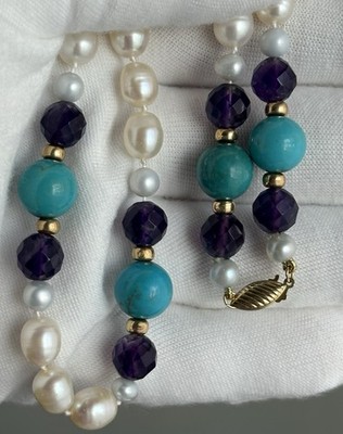 14k Yellow Gold Freshwater Pearl Turquoise & Faceted Amethyst Necklace GORGEOUS