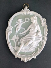 Green Jasperware Wall Plaque Woman & Cherub High Relief RARE