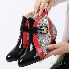 Womens Sequins Ankle Boots Mesh Breathable Mid Heel Shoes Shiny Leather Elegant